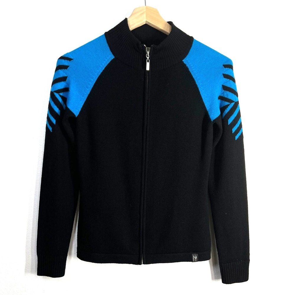 Neve Designs Women's 100% Wool Sweater Small Black Blue‎ Full-Zip Nordic Knit